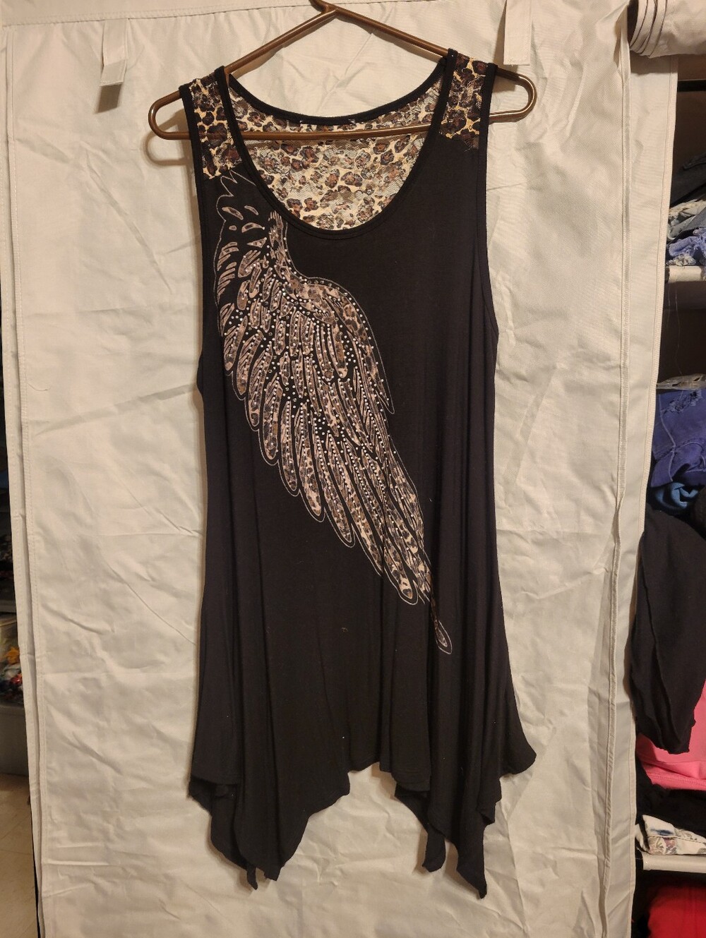 Black Tank Top with Metallic Wing and Leopard Trim
